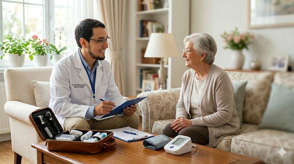 Dr. Juan Francisco Opazo en visita domiciliaria a paciente adulto mayor en Chillán.